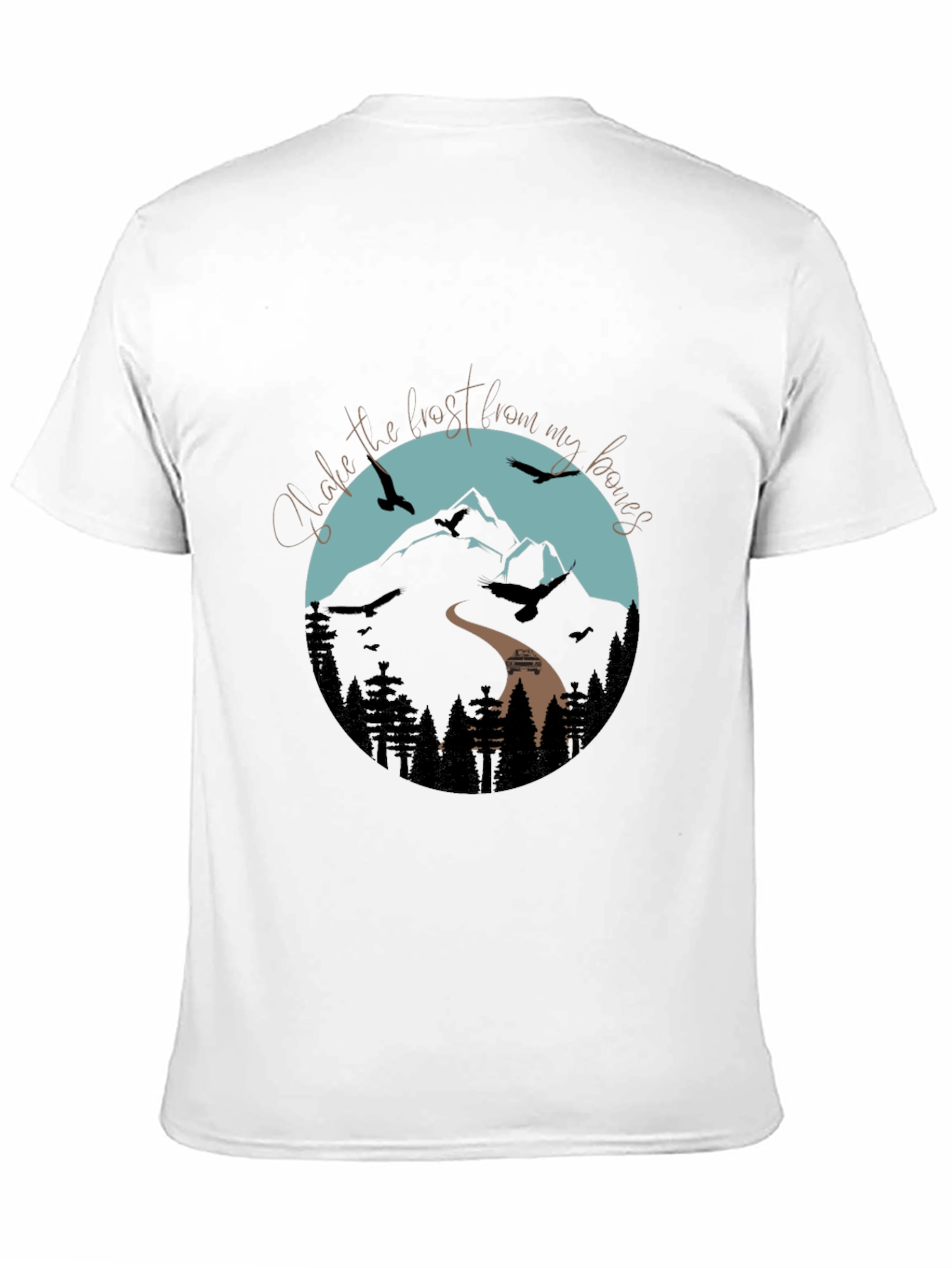 Camiseta Negra Gráfica de Montaña y Aves