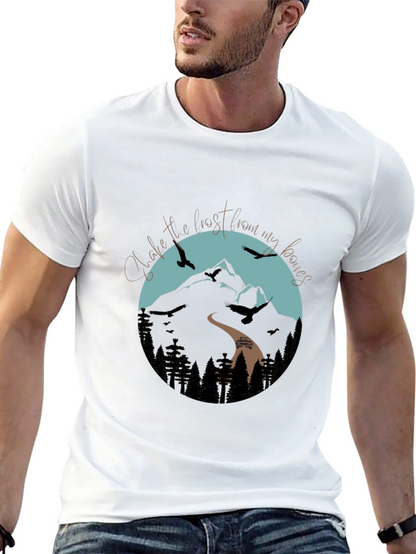 Camiseta Negra Gráfica de Montaña y Aves