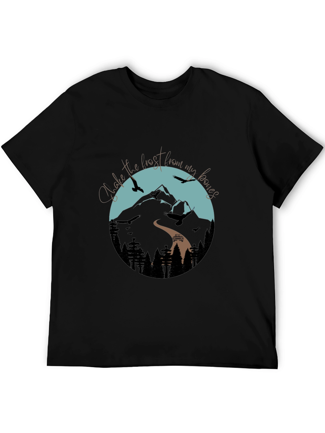 Camiseta Negra Gráfica de Montaña y Aves