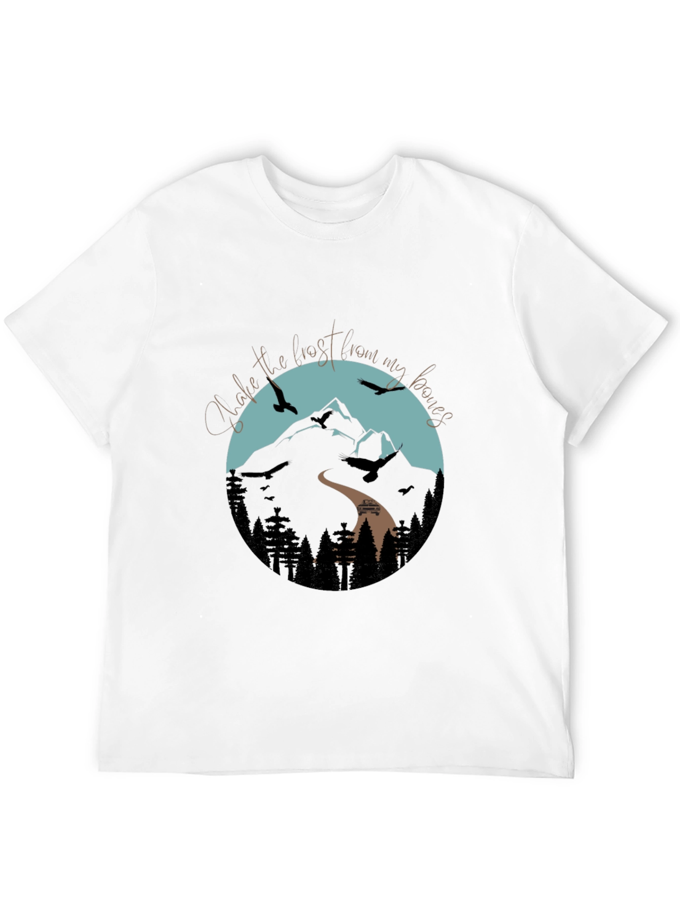 Camiseta Negra Gráfica de Montaña y Aves
