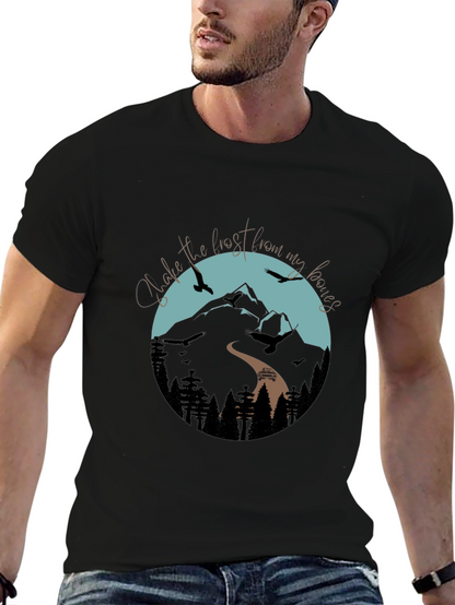 Camiseta Negra Gráfica de Montaña y Aves