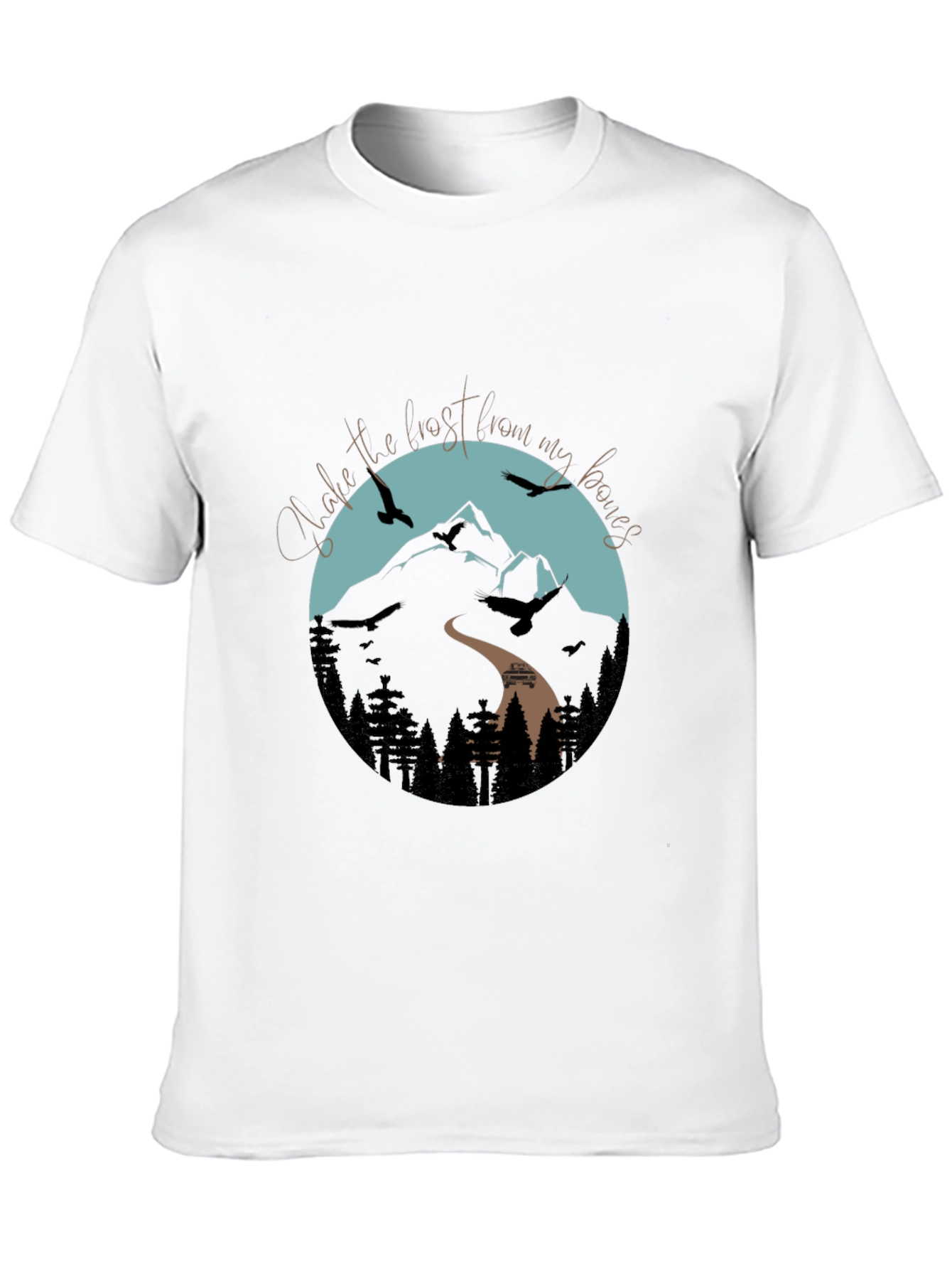 Camiseta Negra Gráfica de Montaña y Aves