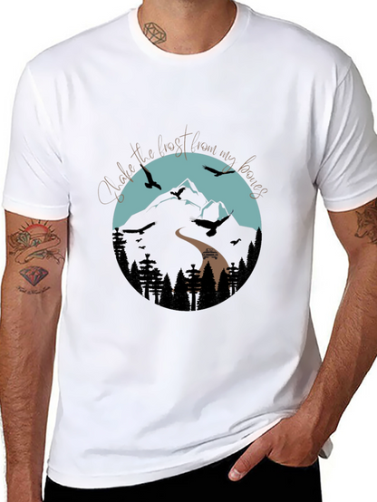 Camiseta Negra Gráfica de Montaña y Aves