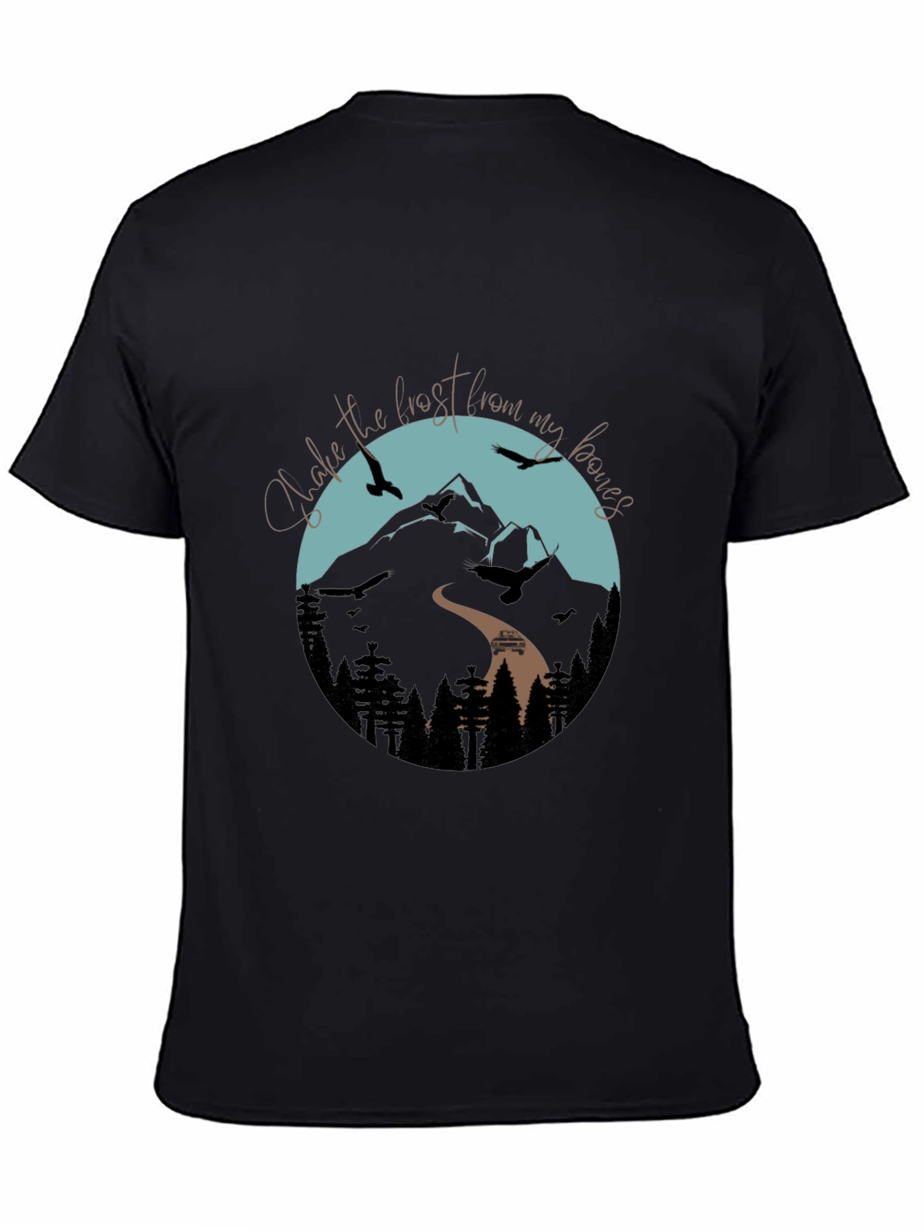 Camiseta Negra Gráfica de Montaña y Aves