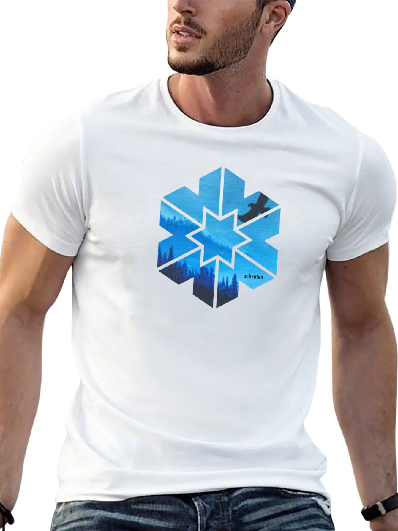 Camiseta Negra Hombre Diseño Montañas Azules