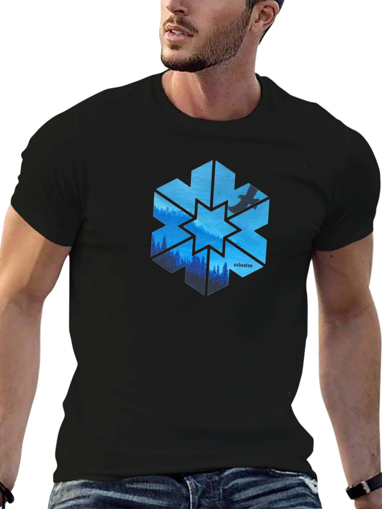 Camiseta Negra Hombre Diseño Montañas Azules