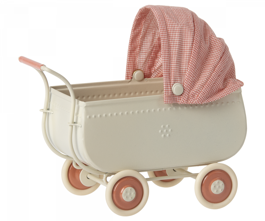 A Maileg Micro Pram with a pink striped blanket.