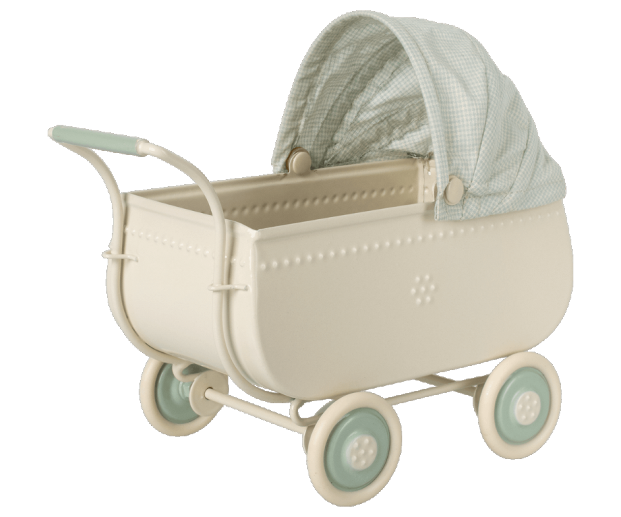 A Maileg Micro Pram with a pink striped blanket.