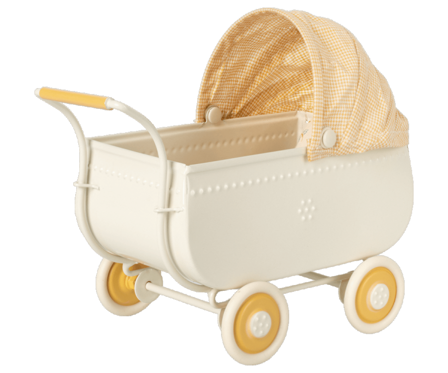 A Maileg Micro Pram with a pink striped blanket.
