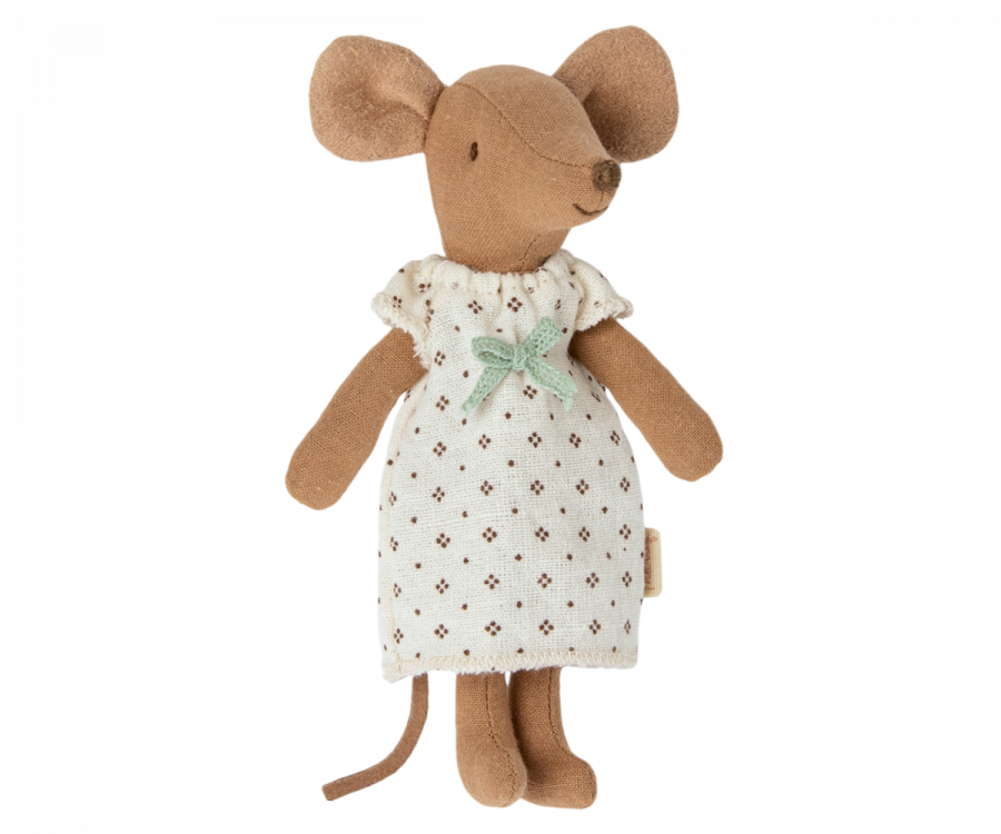 A vintage style Big Sister Mouse in Matchbox bed featuring a graphic of a Maileg mouse race car with text, next to a cotton linen toy mouse in a dress resting in an open matchbox.