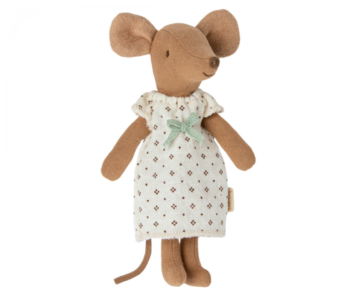 A vintage style Big Sister Mouse in Matchbox bed featuring a graphic of a Maileg mouse race car with text, next to a cotton linen toy mouse in a dress resting in an open matchbox.