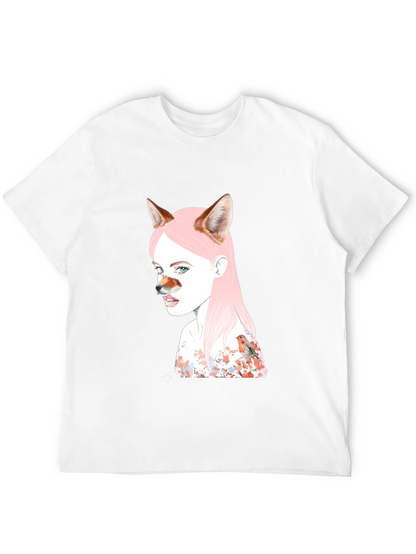 Camiseta Negra Diseño Chica Zorro y Pájaro