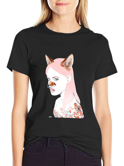 Camiseta Negra Diseño Chica Zorro y Pájaro