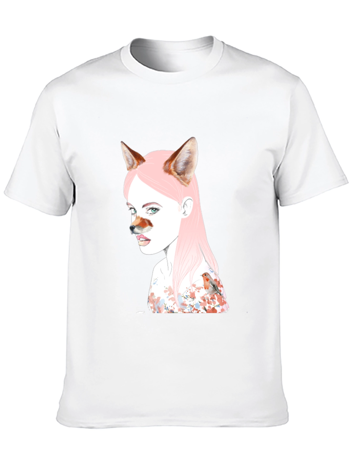 Camiseta Negra Diseño Chica Zorro y Pájaro