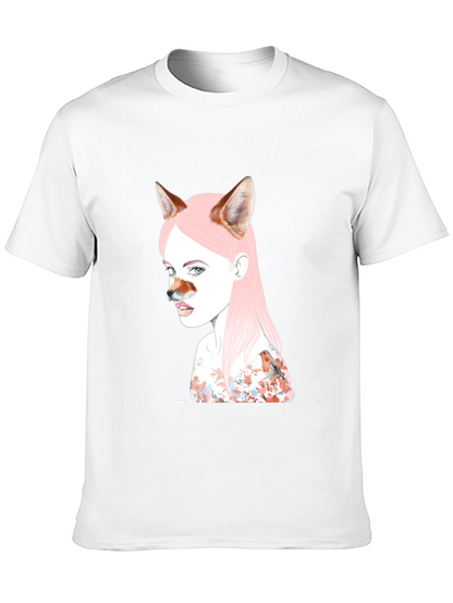 Camiseta Negra Diseño Chica Zorro y Pájaro