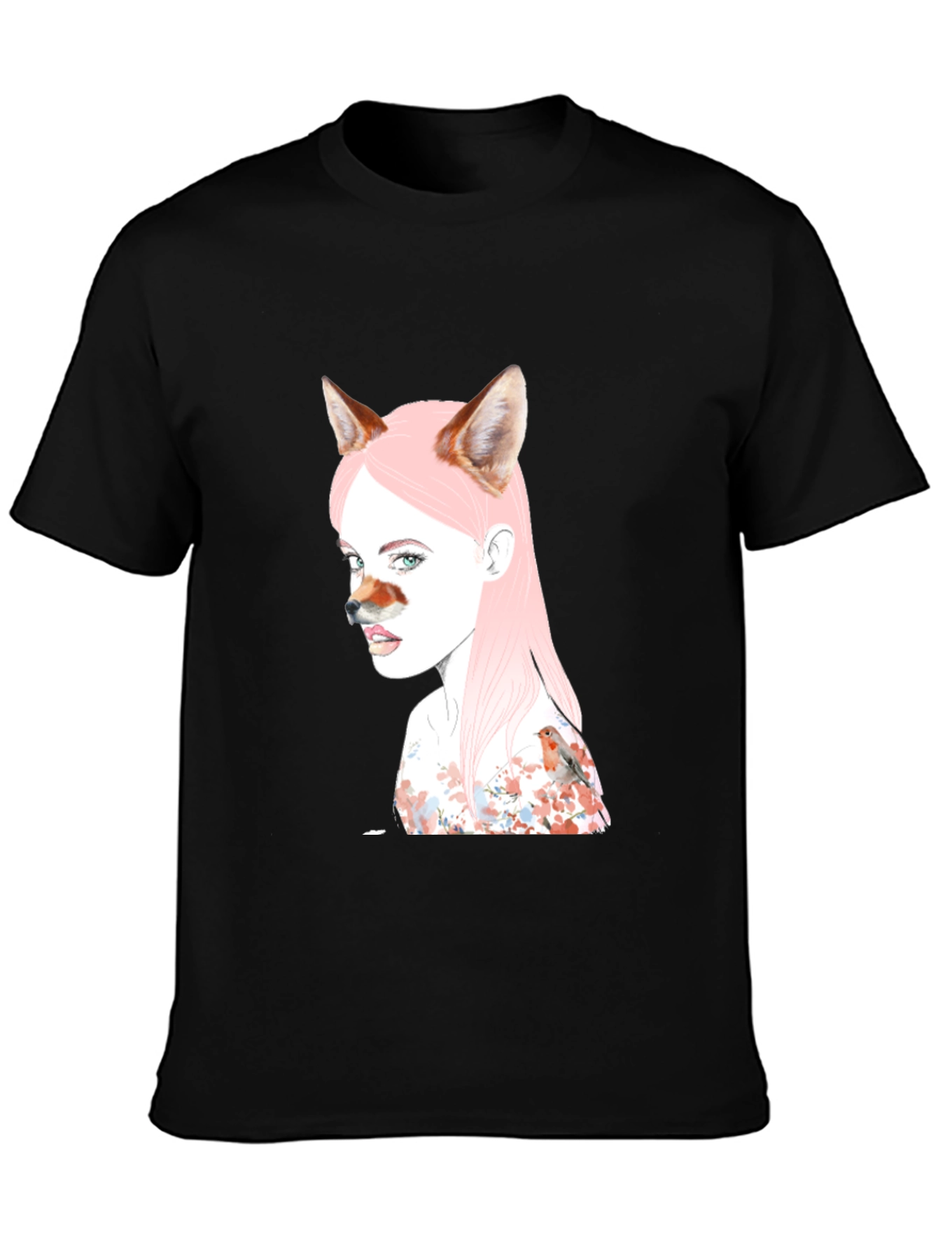 Camiseta Negra Diseño Chica Zorro y Pájaro