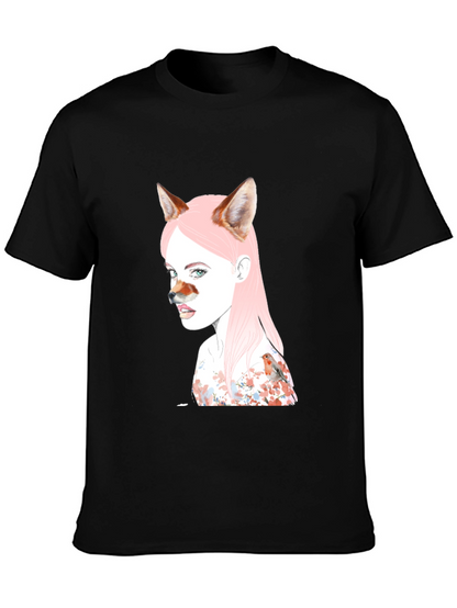 Camiseta Negra Diseño Chica Zorro y Pájaro