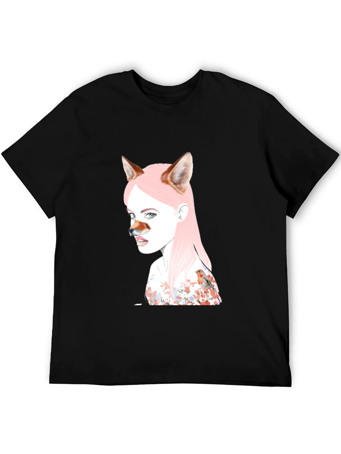 Camiseta Negra Diseño Chica Zorro y Pájaro