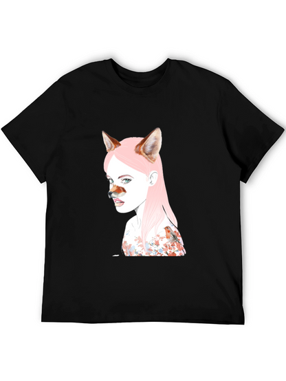 Camiseta Negra Diseño Chica Zorro y Pájaro