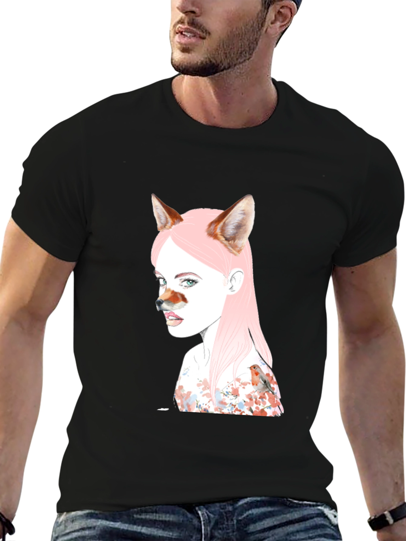 Camiseta Negra Diseño Chica Zorro y Pájaro