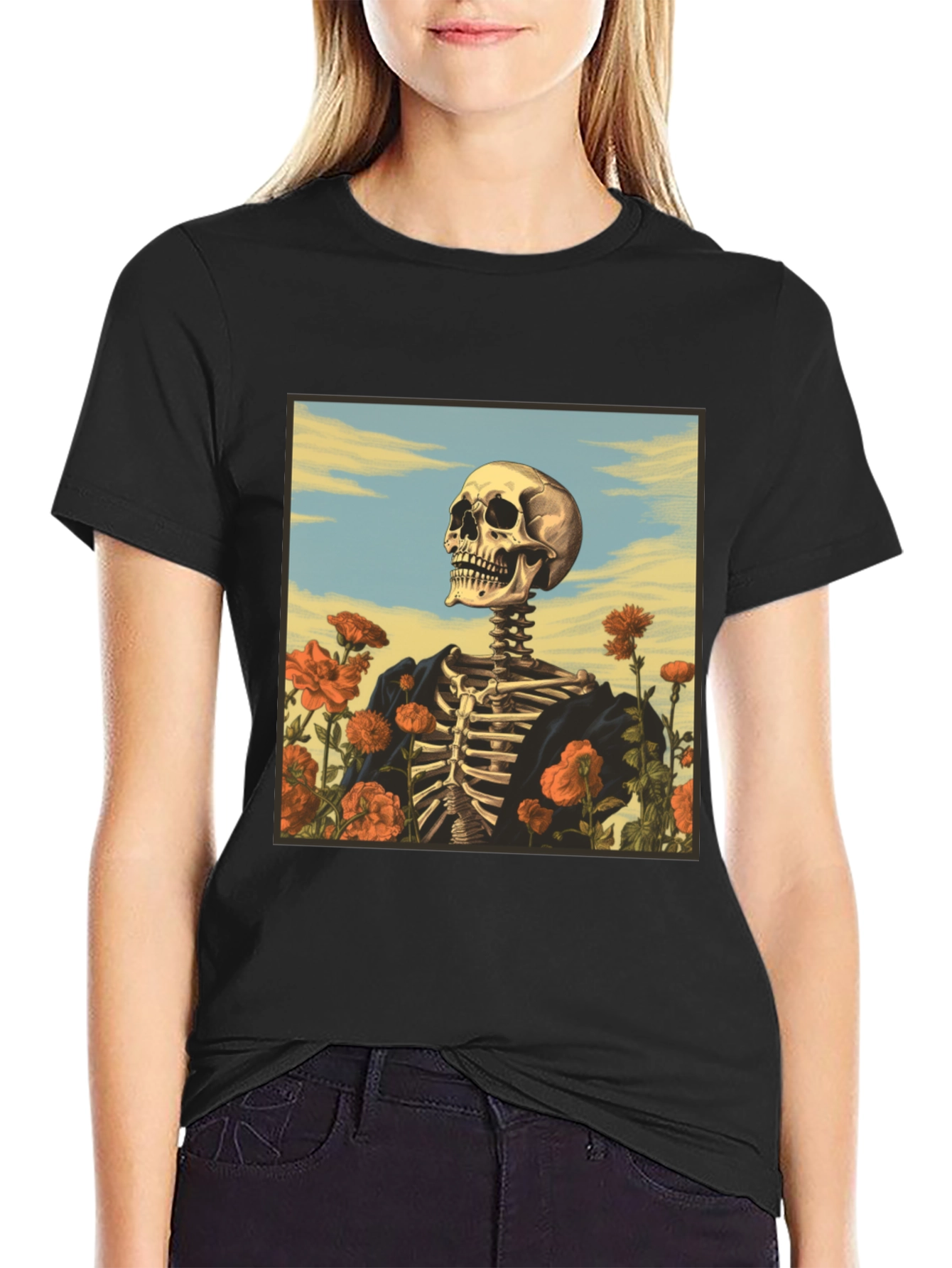 Camiseta Negra con Diseño de Esqueleto Floral