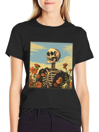 Camiseta Negra con Diseño de Esqueleto Floral