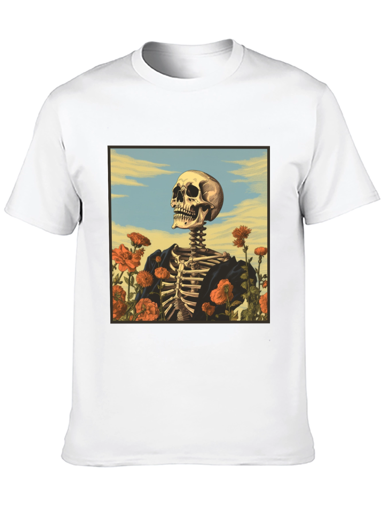 Camiseta Negra con Diseño de Esqueleto Floral