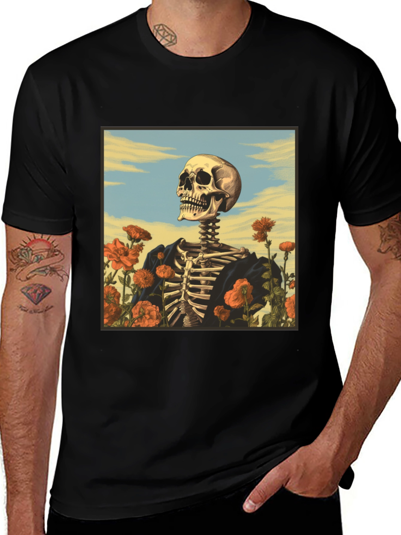 Camiseta Negra con Diseño de Esqueleto Floral