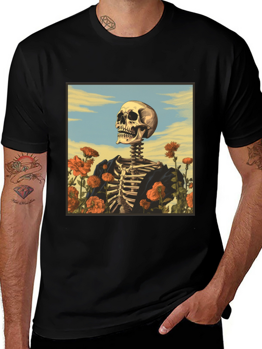 Camiseta Negra con Diseño de Esqueleto Floral