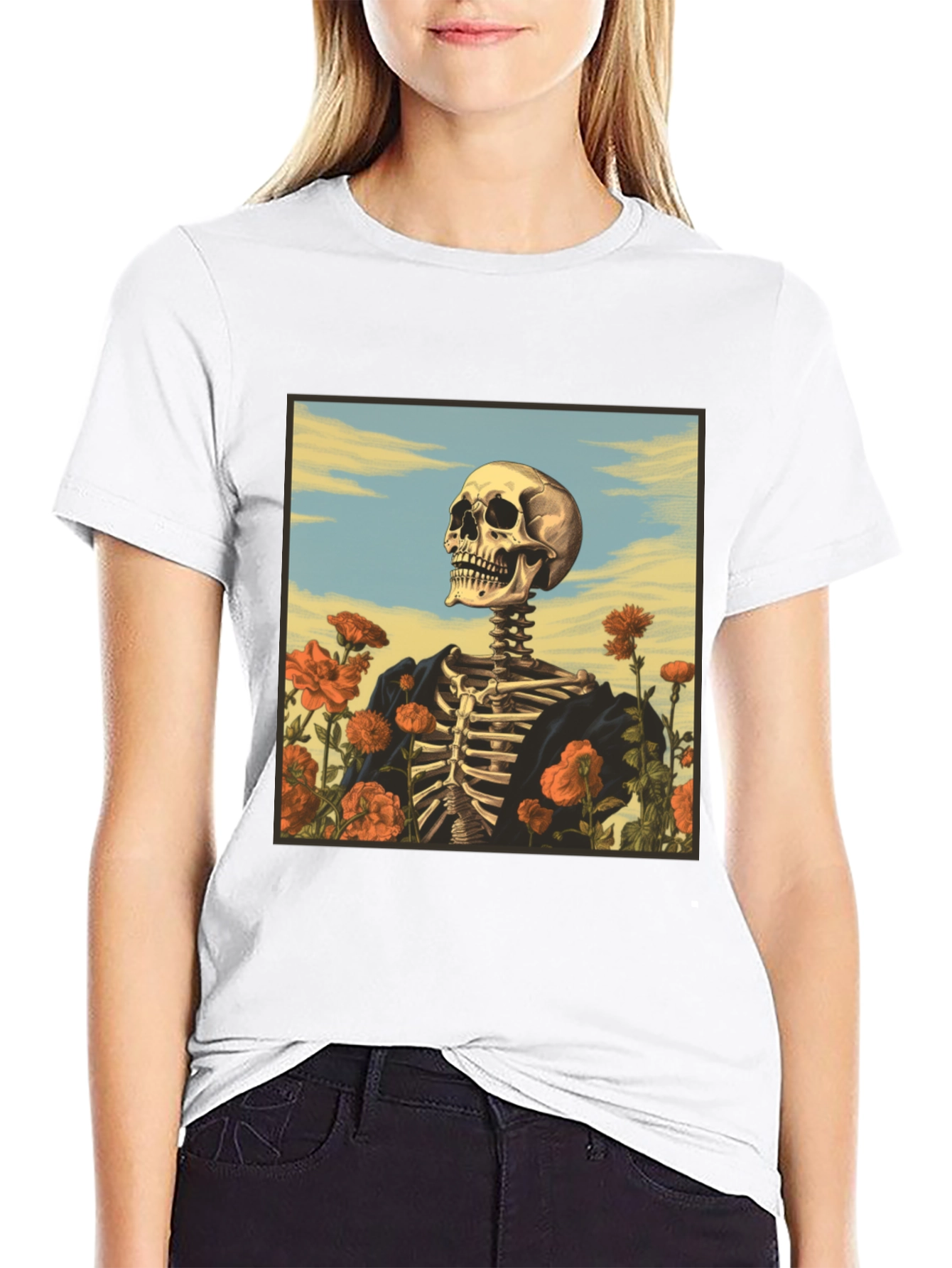 Camiseta Negra con Diseño de Esqueleto Floral
