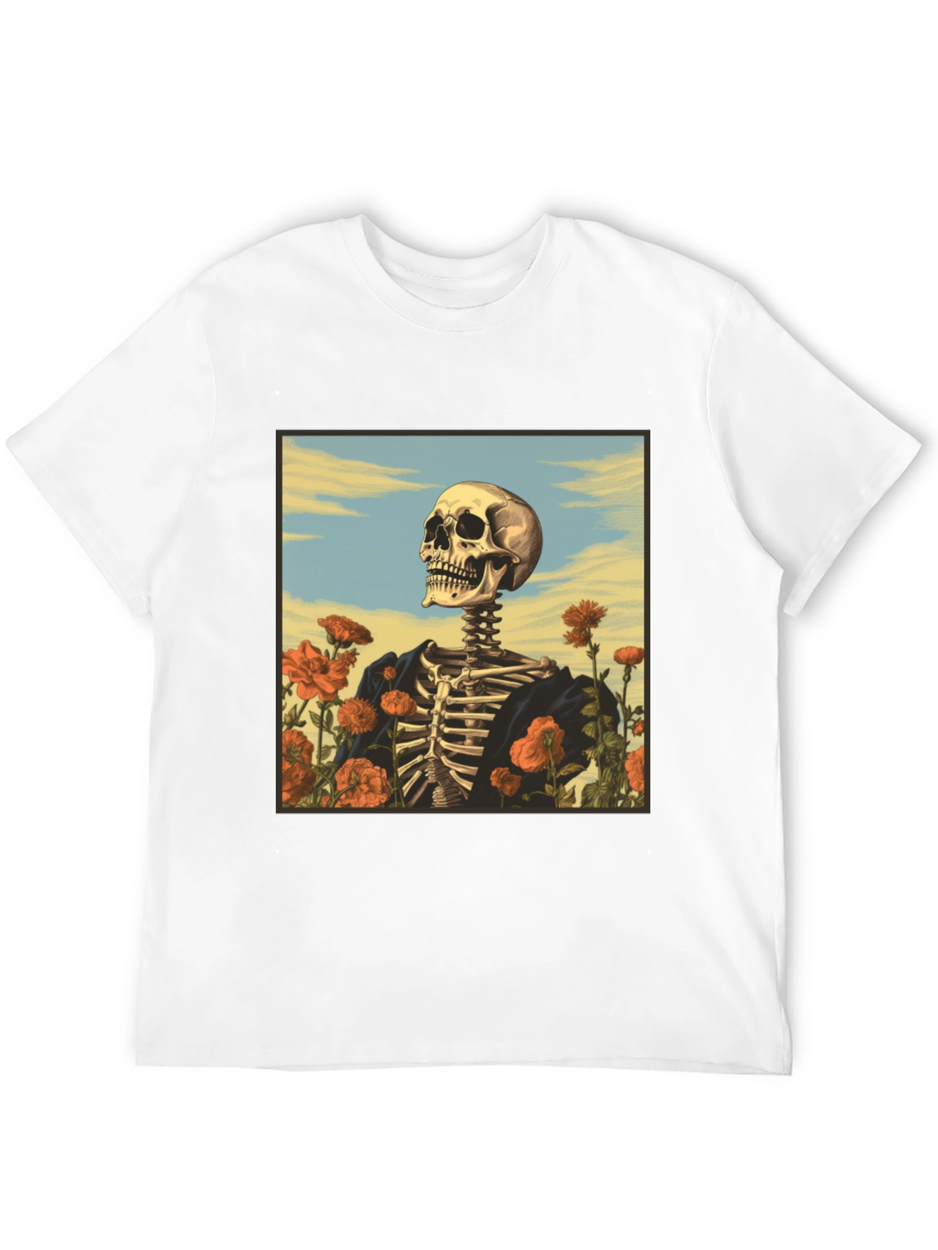 Camiseta Negra con Diseño de Esqueleto Floral