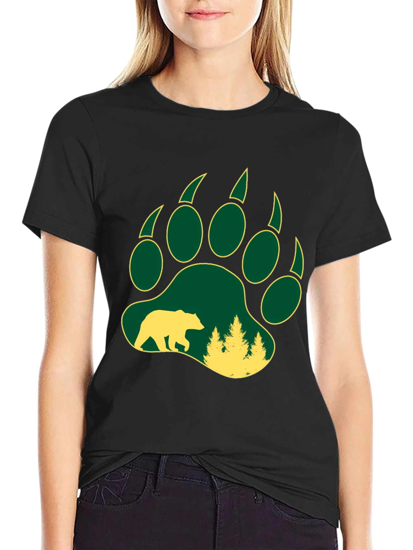 Camiseta Negra Hombre Huella Oso Bosque