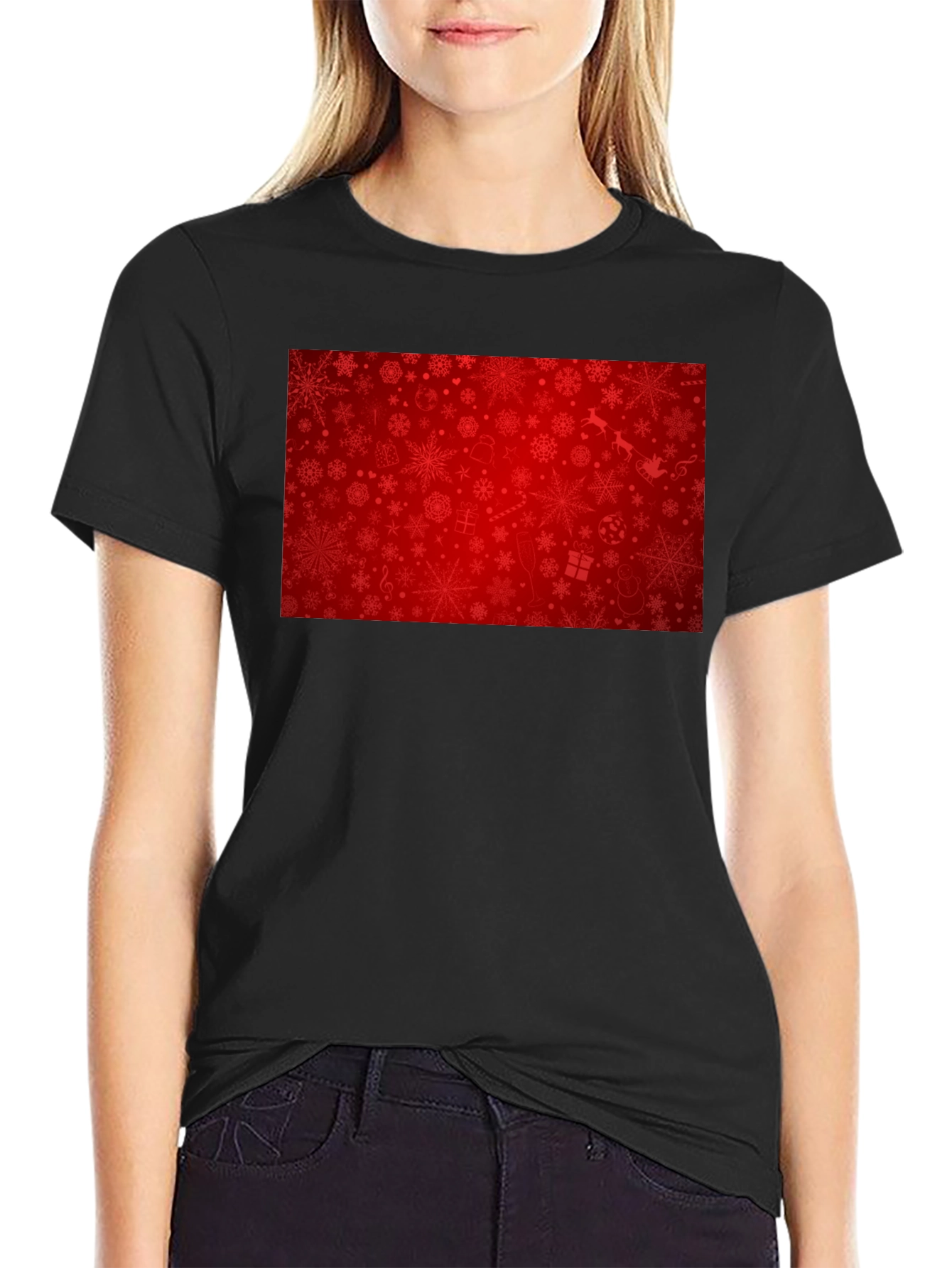 Camiseta Negra Navideña con Diseño Festivo Rojo