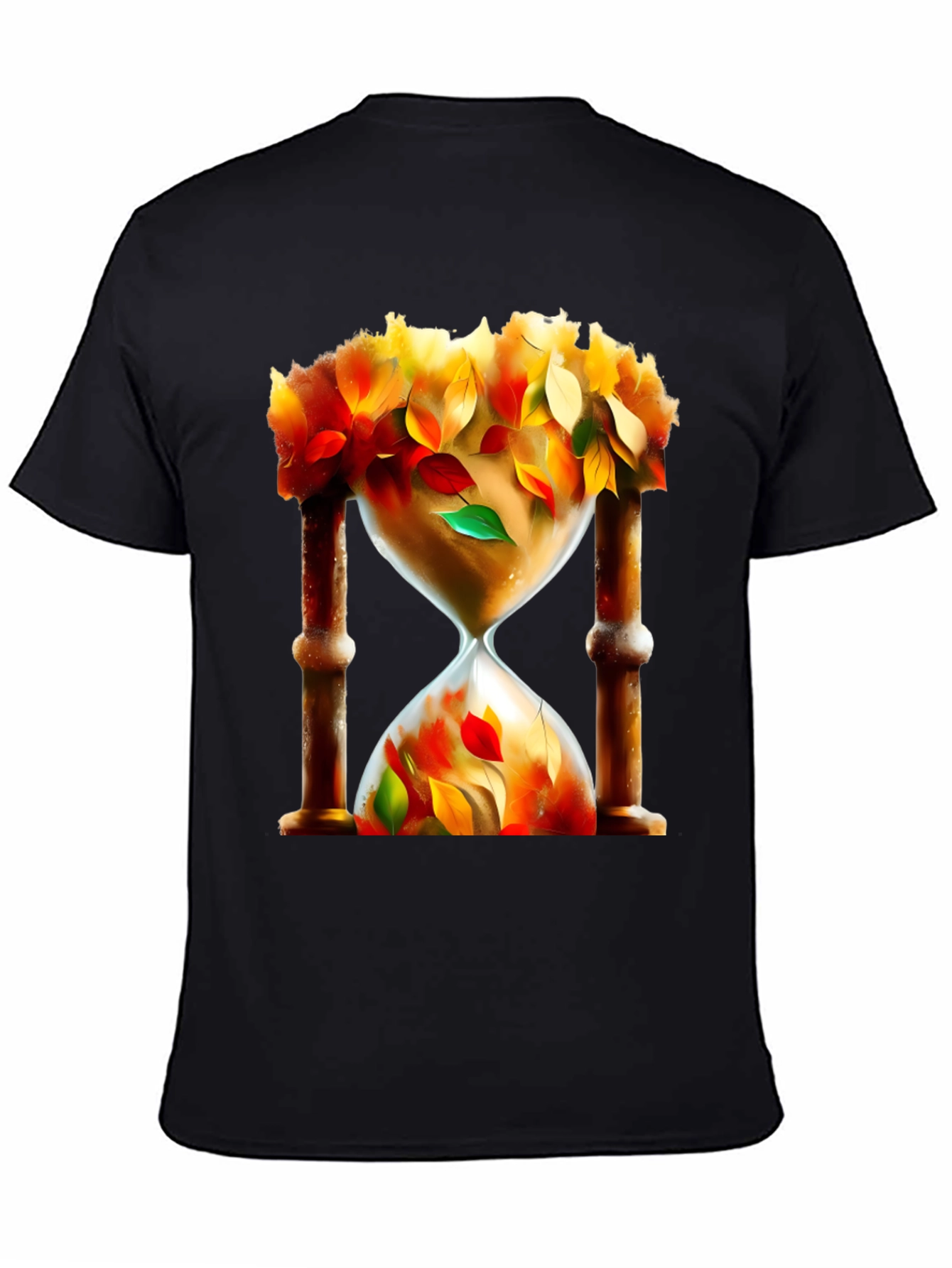 Camiseta Negra con Diseño de Reloj de Arena Otoñal