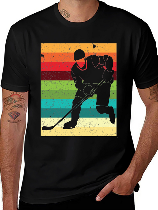 Camiseta Negra con Diseño Retro de Jugador de Hockey