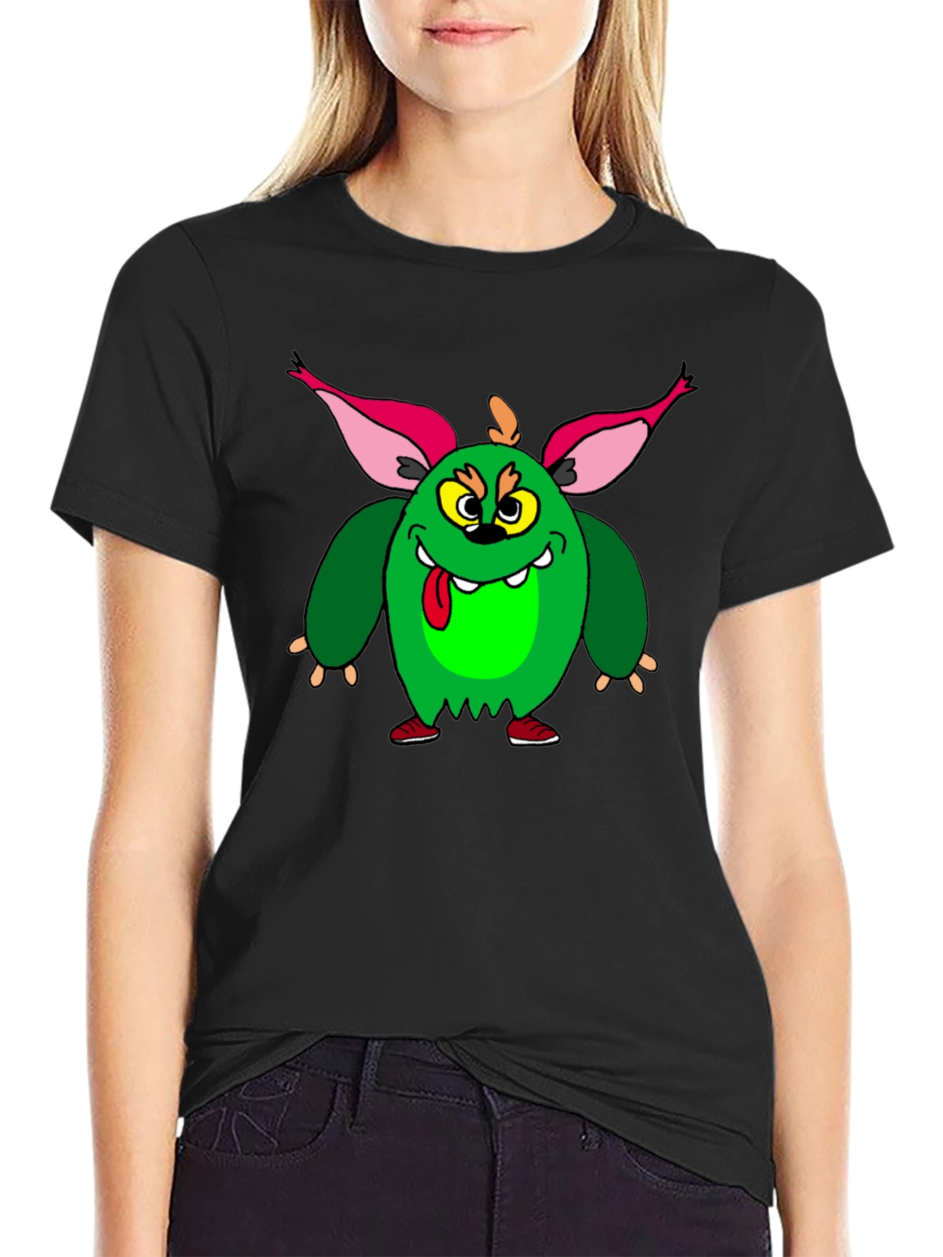 Camiseta Negra con Monstruo Verde Divertido
