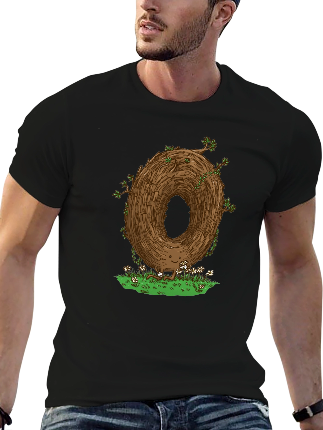 Camiseta Negra con Diseño Original de Árbol Sonriente