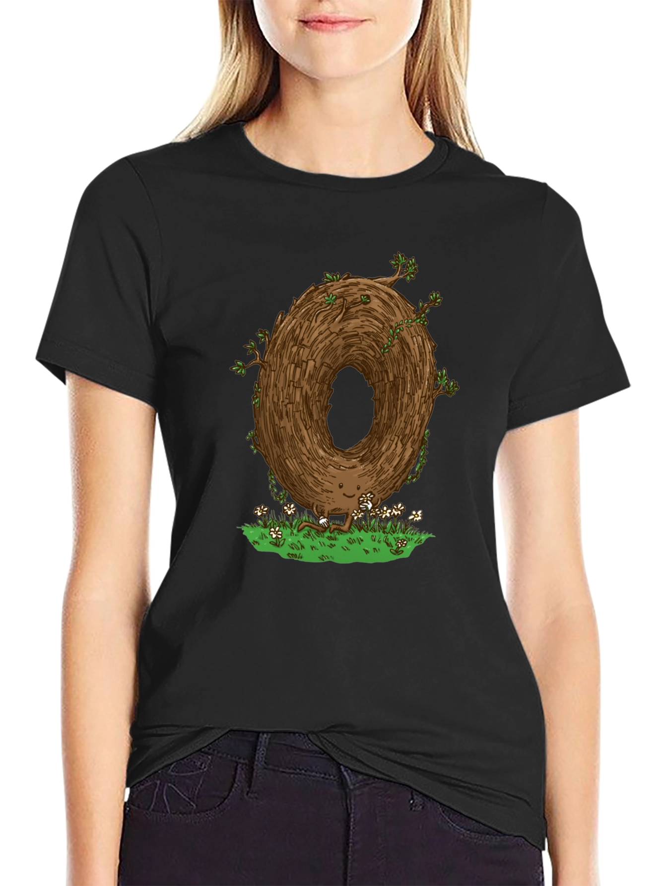 Camiseta Negra con Diseño Original de Árbol Sonriente