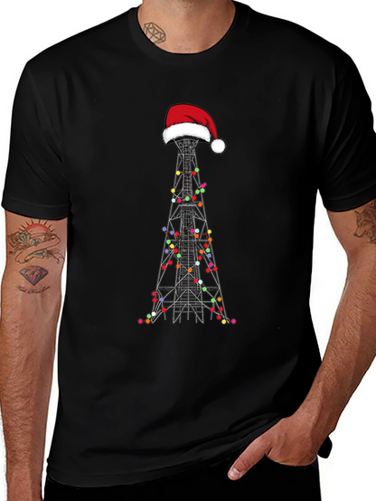 Camiseta Negra Navideña con Torre de Radio