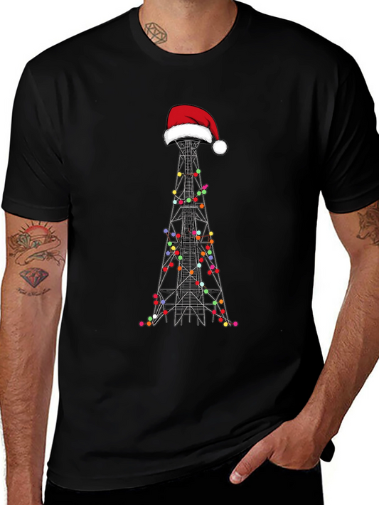 Camiseta Negra Navideña con Torre de Radio
