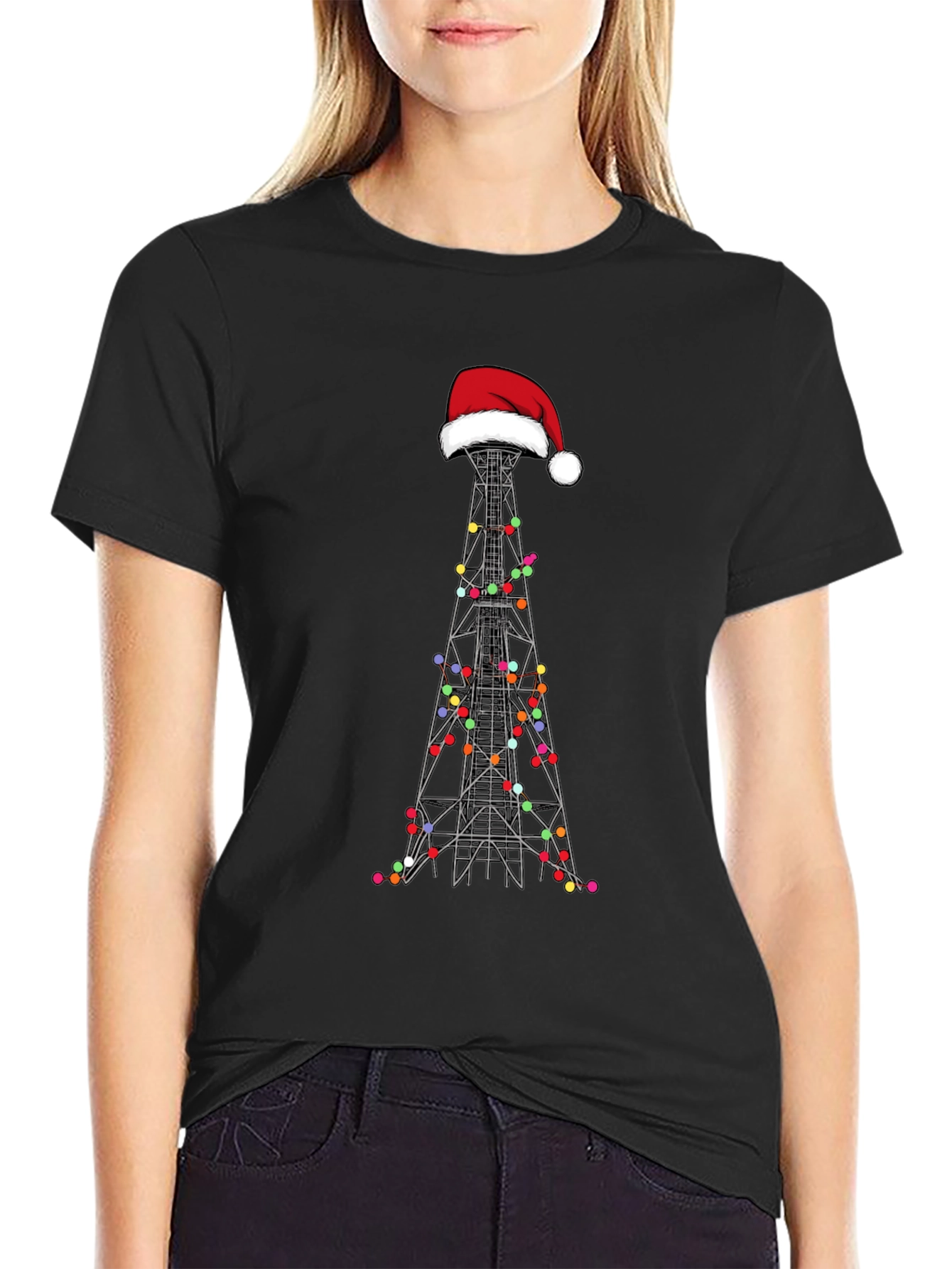 Camiseta Negra Navideña con Torre de Radio
