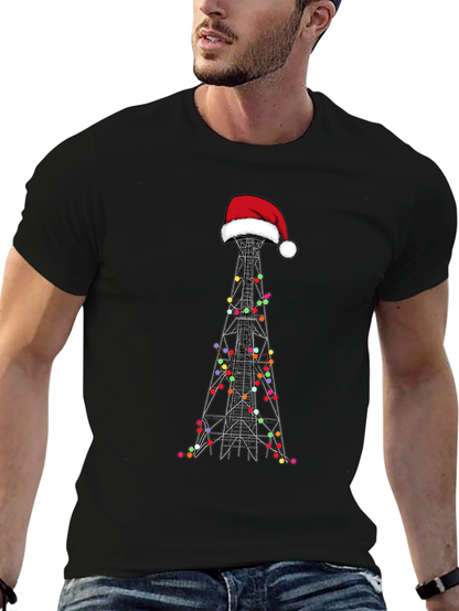 Camiseta Negra Navideña con Torre de Radio