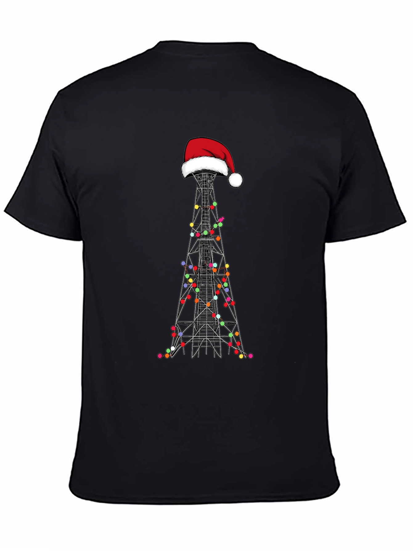 Camiseta Negra Navideña con Torre de Radio