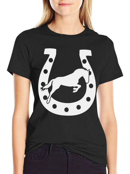 Camiseta Negra con Diseño de Herradura y Caballo Blanco