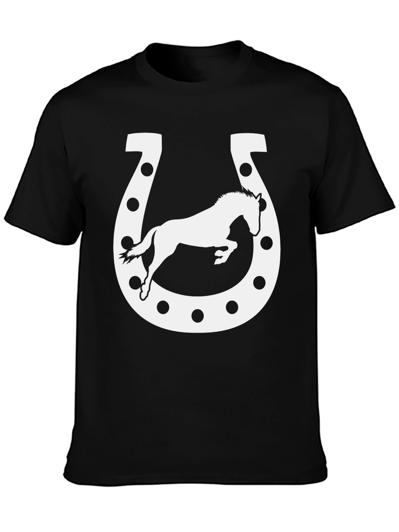 Camiseta Negra con Diseño de Herradura y Caballo Blanco