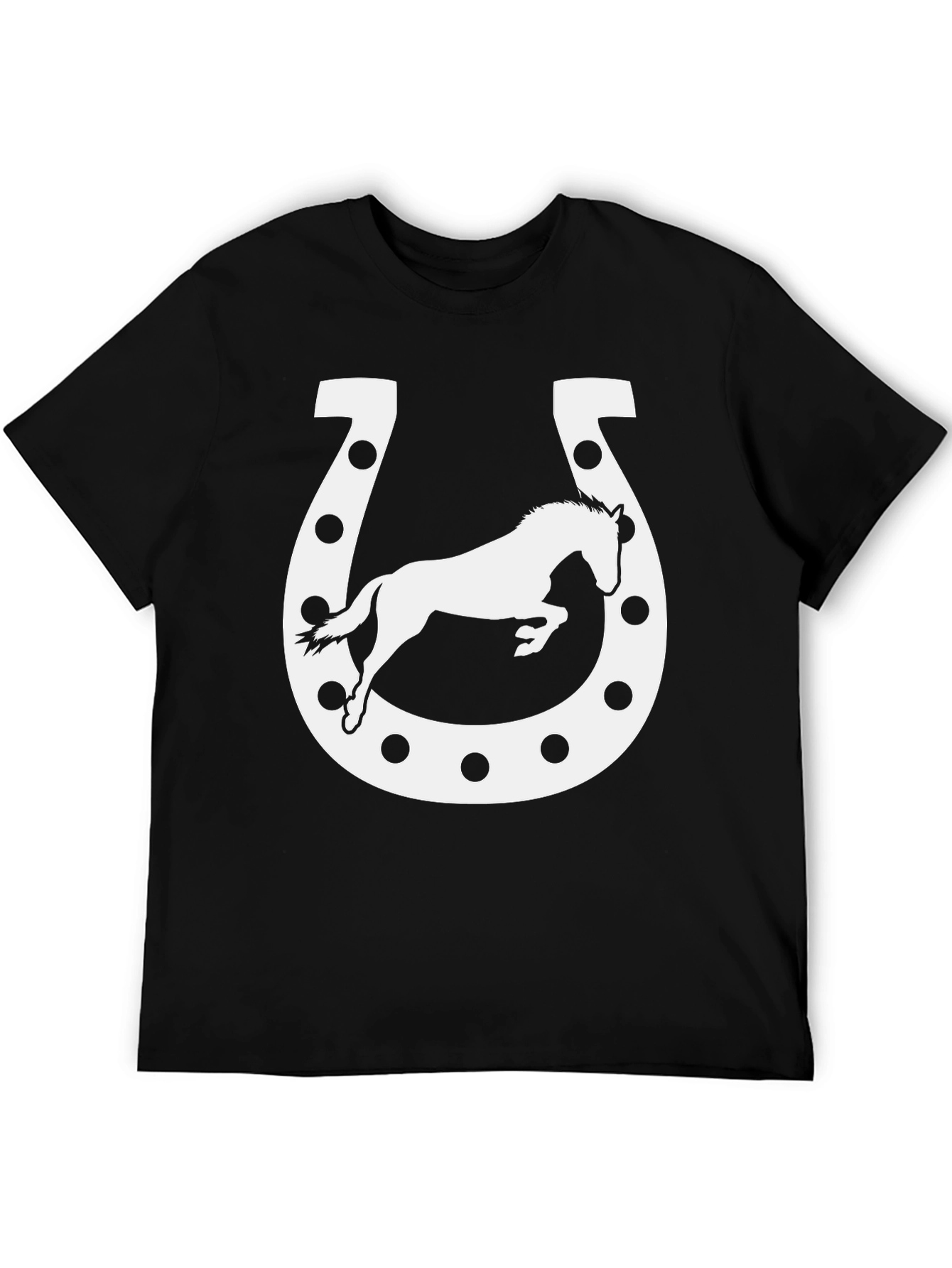 Camiseta Negra con Diseño de Herradura y Caballo Blanco
