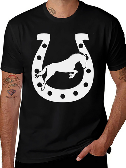 Camiseta Negra con Diseño de Herradura y Caballo Blanco