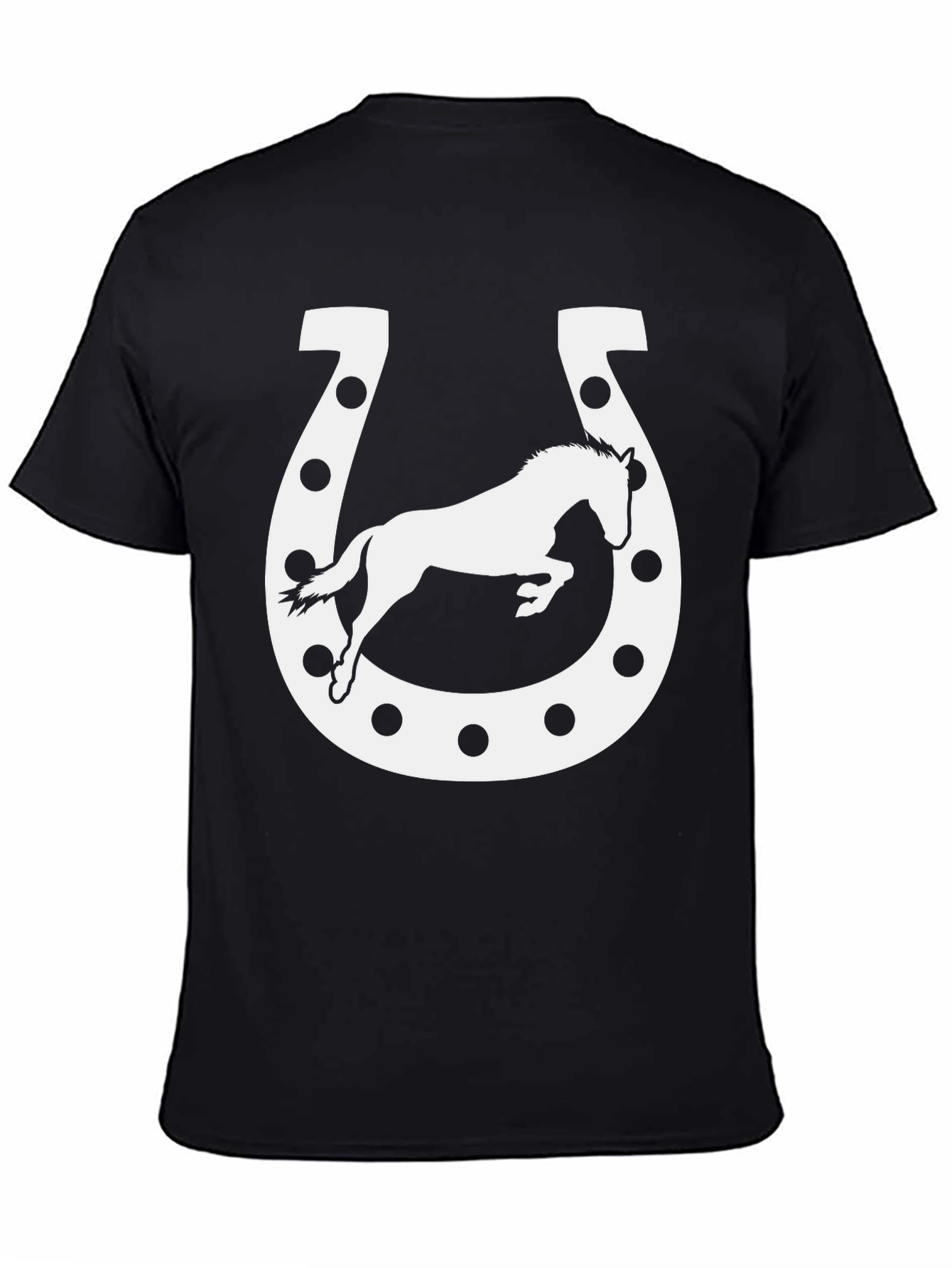 Camiseta Negra con Diseño de Herradura y Caballo Blanco