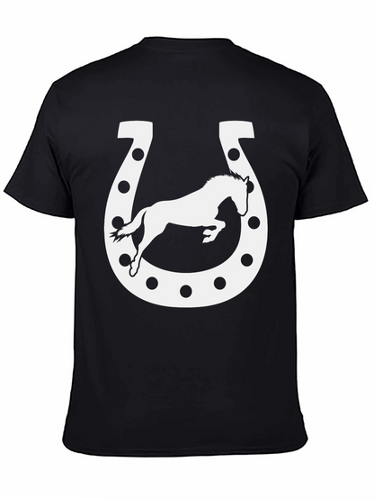 Camiseta Negra con Diseño de Herradura y Caballo Blanco