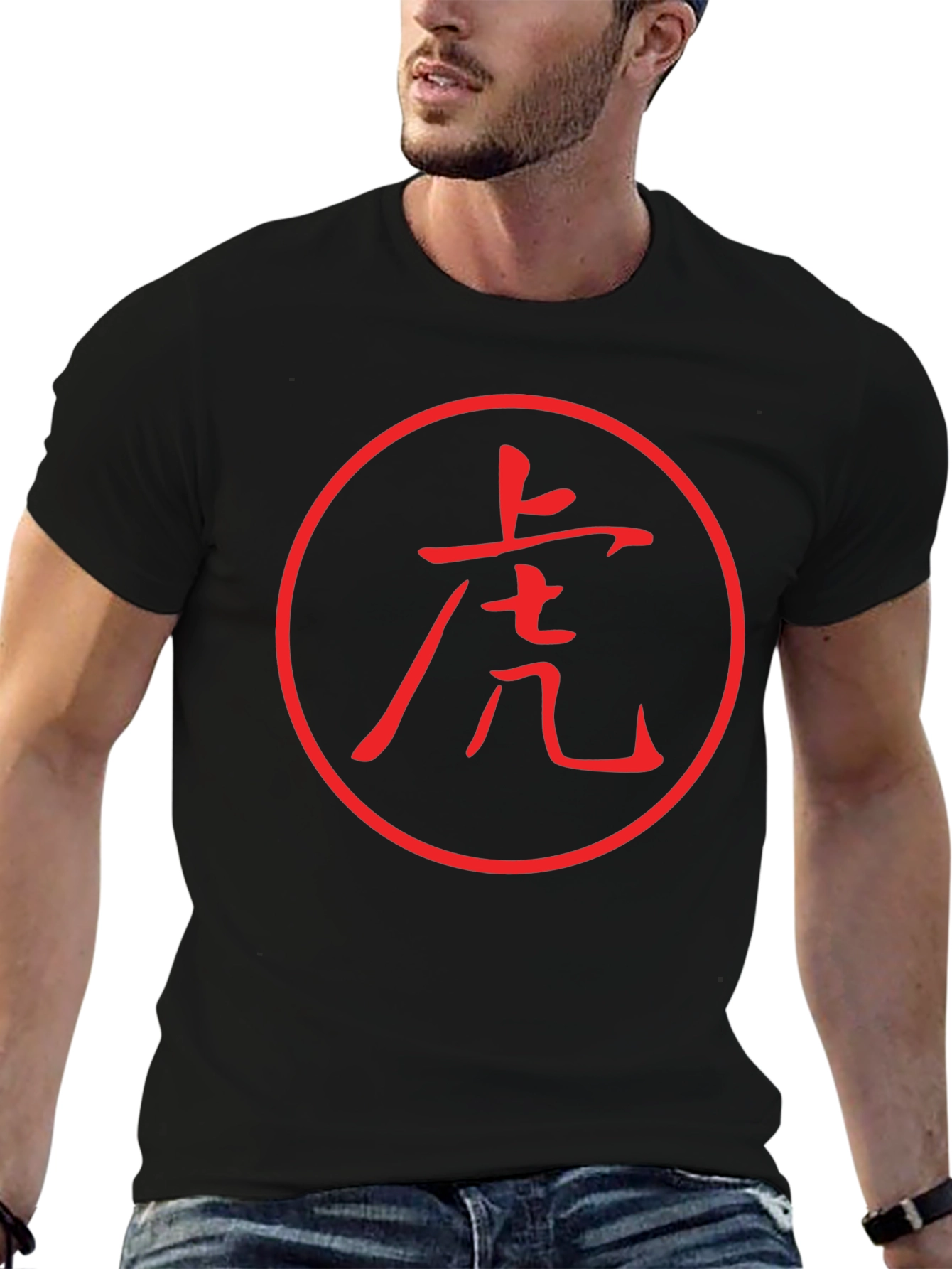 Camiseta Negra con Diseño de Tigre Japonés Rojo